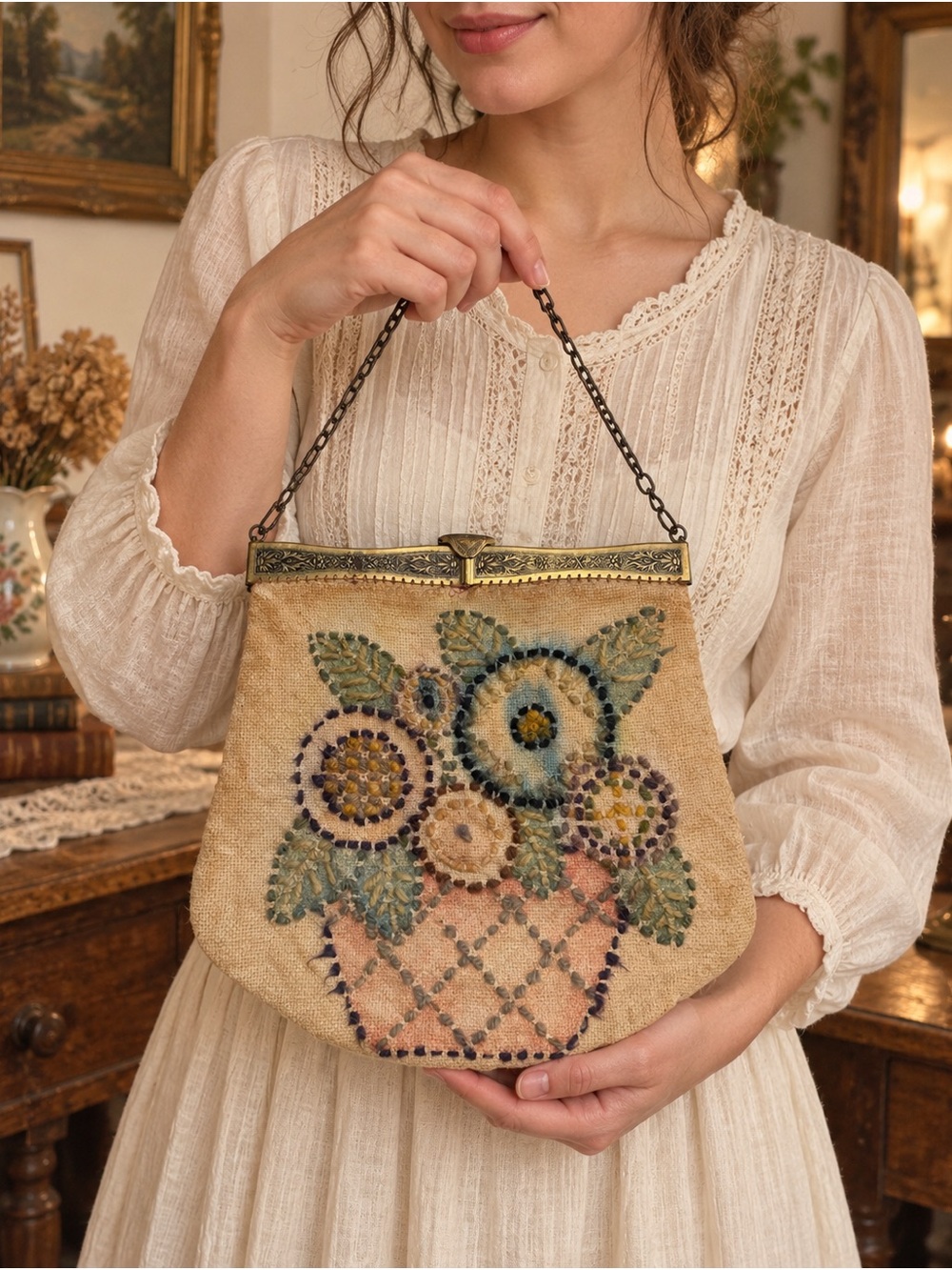 Vintage Handmade Embroidered Tapestry Frame Purse Folk Art Bag CottageCore Chain
